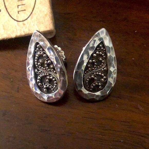 LOIS HILL Sterling Silver Teardrop Hammered Oxidized Granulated Post Earrings - Picture 5 of 6